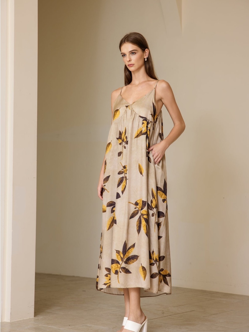 Luna Beige Floral Maxi Slip Dress with Yellow Leaf Motif